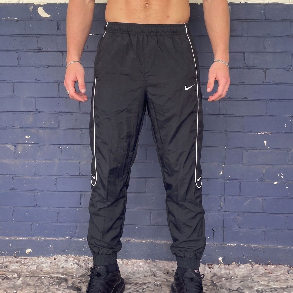 Nike Rare Nylon Soccer Pants Double Swoosh Glanz Black Small